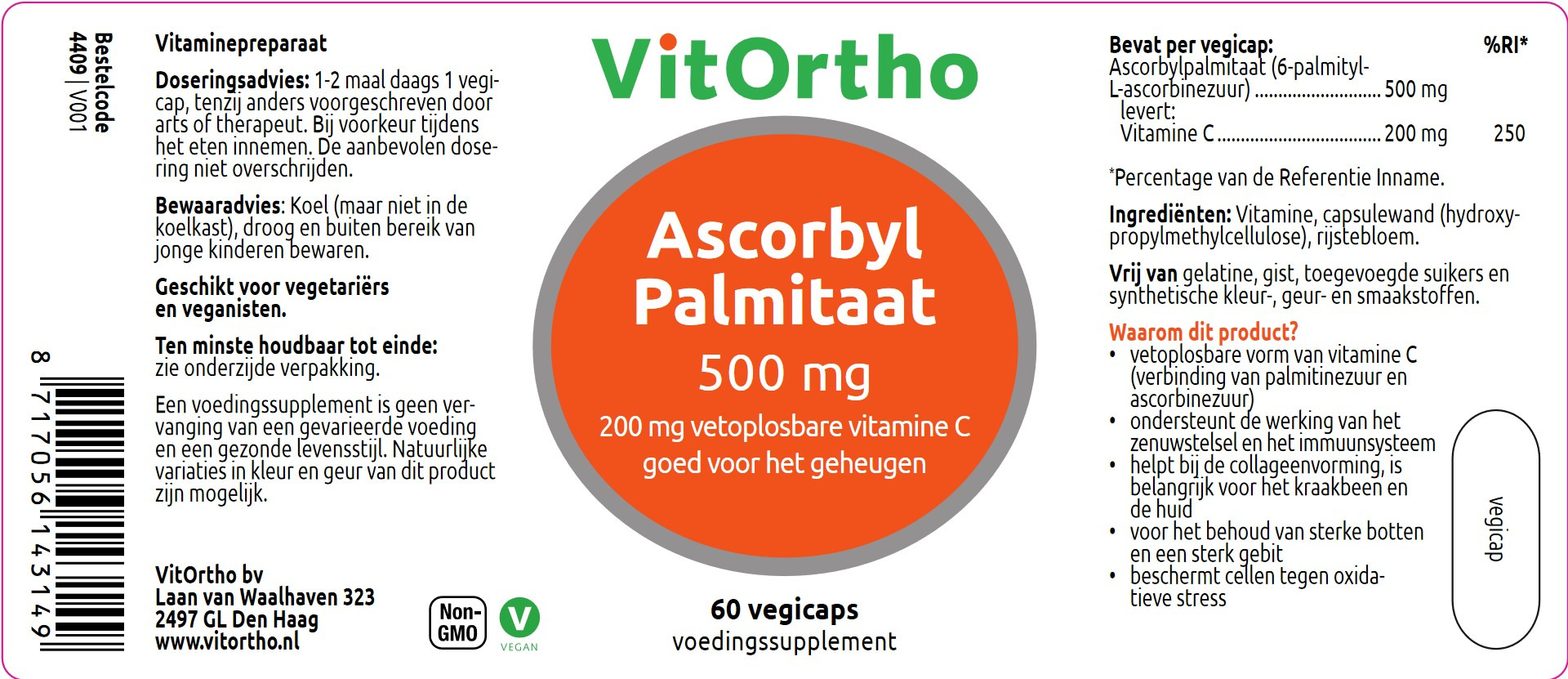 VitOrtho Ascorbyl Palmitaat 500 mg (60 vega capsules)