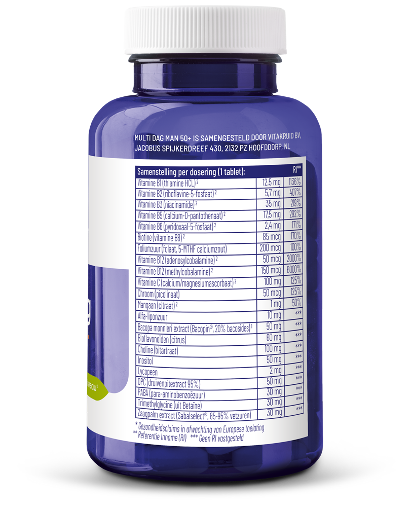 Vitakruid Multi Dag Man 50+ 100% Vegan (90 tabletten) - image 2