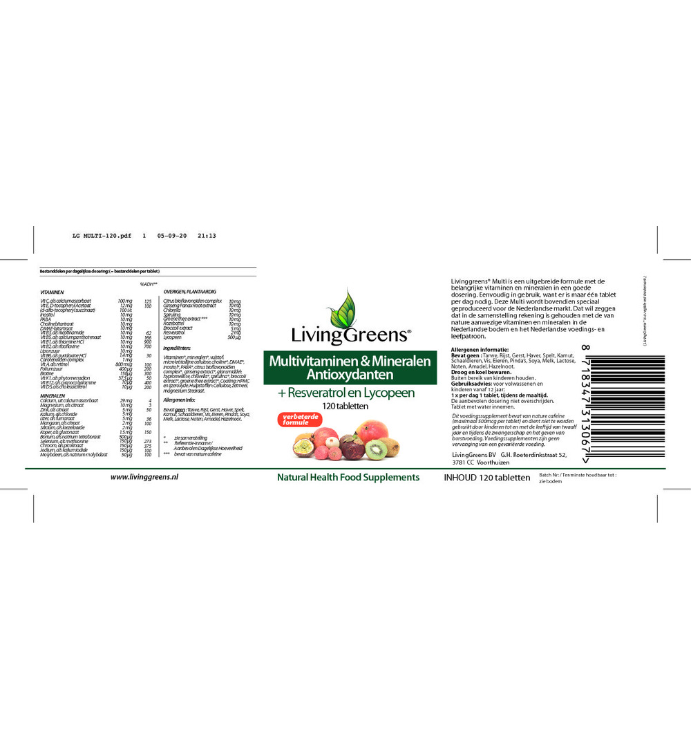 Livinggreens Multi Vitaminen & Mineralen Antioxidant (120 Tabletten)