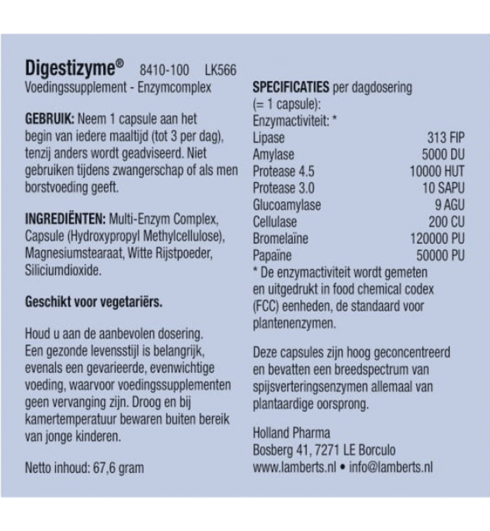 Lamberts Digestizyme spijsverteringsenzymen (100 vega capsules)