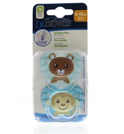 Dr Brown's Fopspeen prevent animal faces F2 blauw (2 stuks)