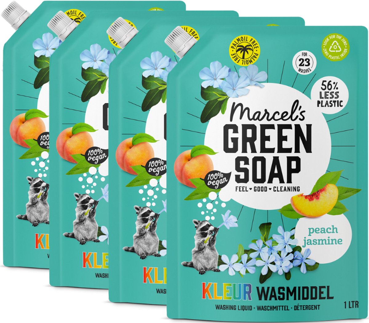 4x Marcel's Green Soap Wasmiddel Kleur Peach & Jasmine Navulling (1000 ml)