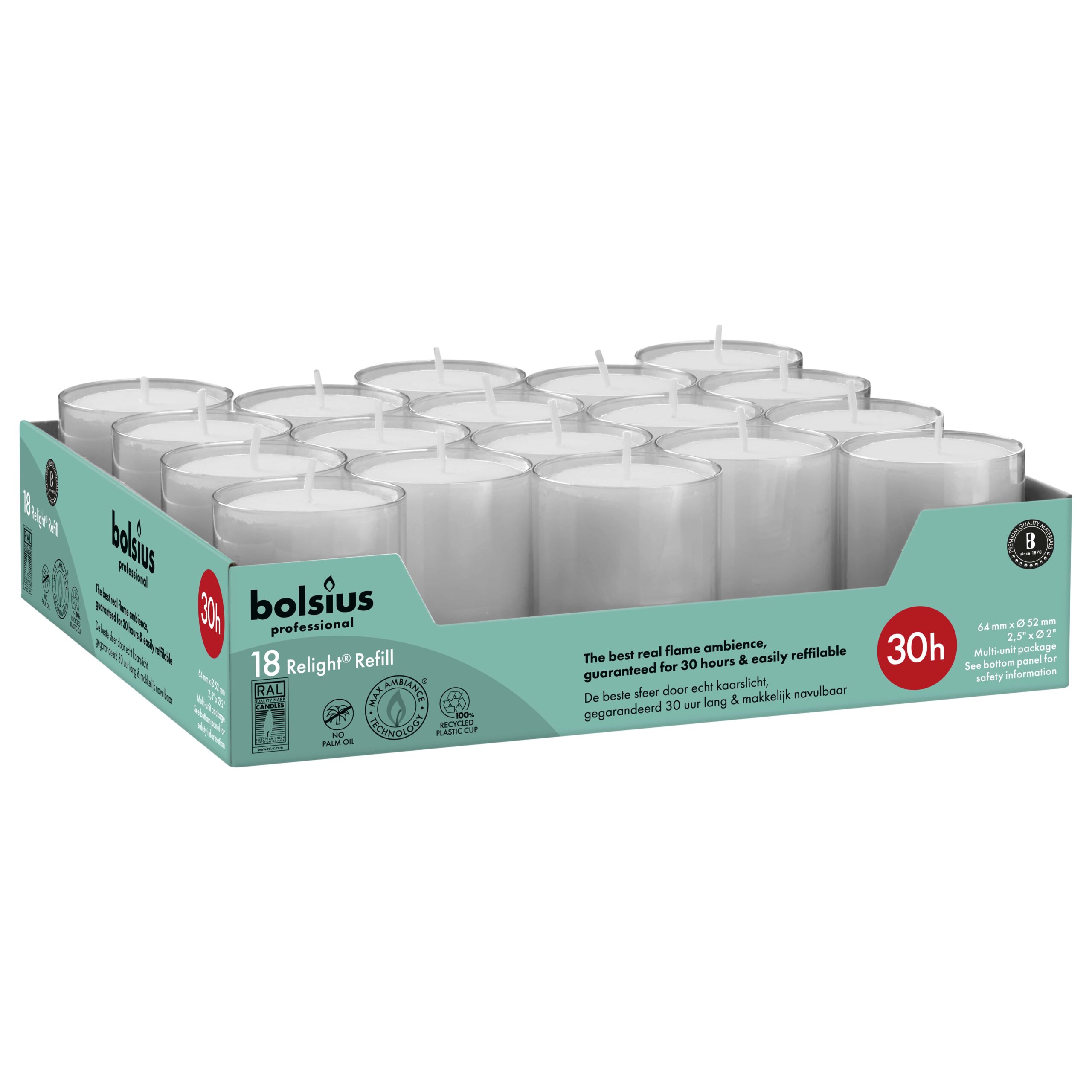 Bolsius Horeca Relight Navullingen 64/52 Grijs (18 stuks)