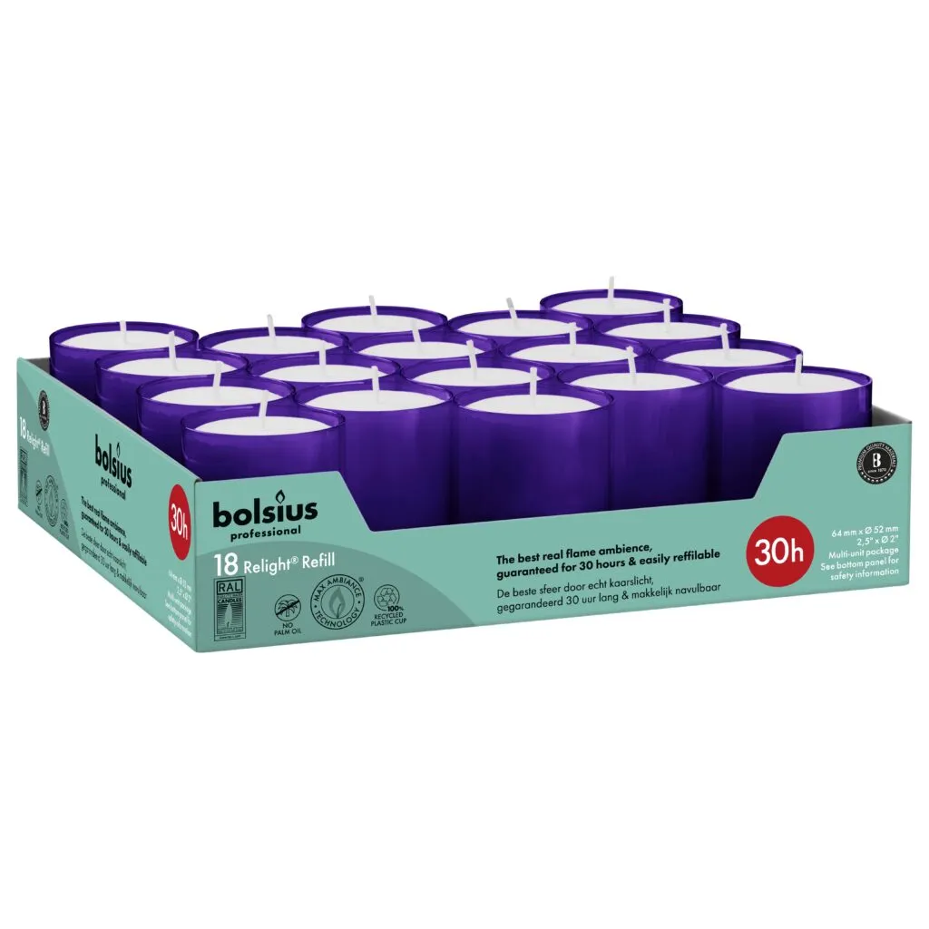Bolsius Horeca Relight Navullingen 64/52 Paars (18 stuks)
